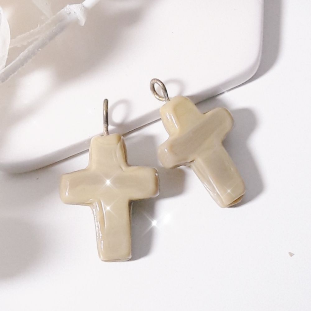 Boho Earrings  021L# Mocha Cross Pressed Glass on brass metal